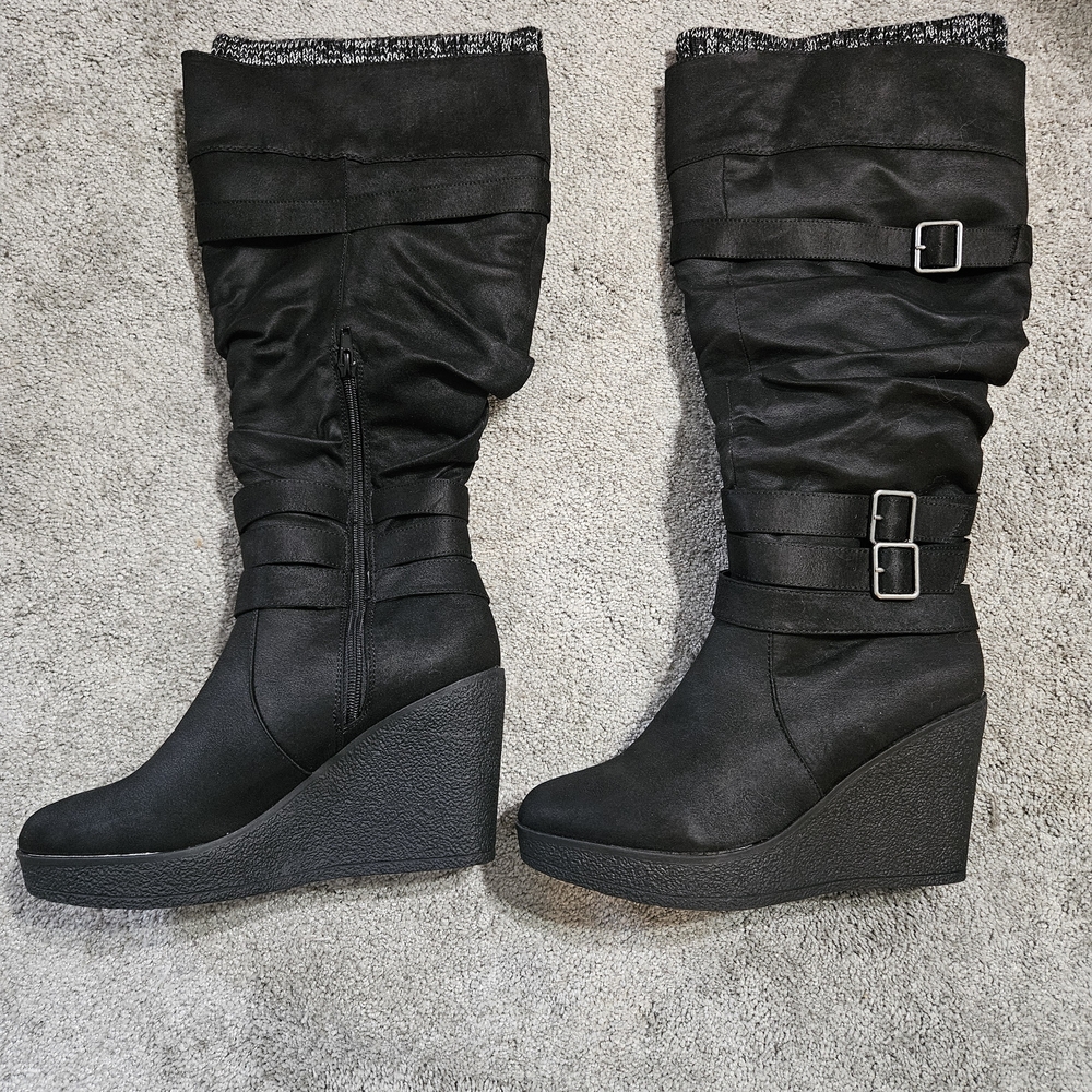 JustFab Black Heeled Boots with Wedge and Buckle Straps